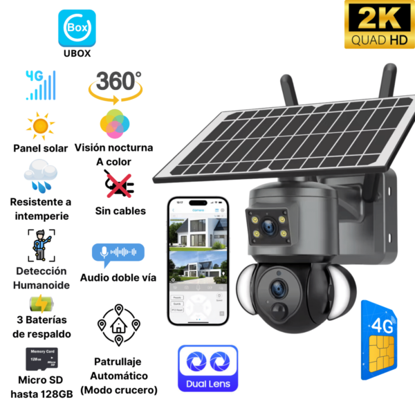 Cámara de Seguridad 4G con Panel Solar doble lente Para Exterior, Tipo PTZ, 6MP, App Ubox