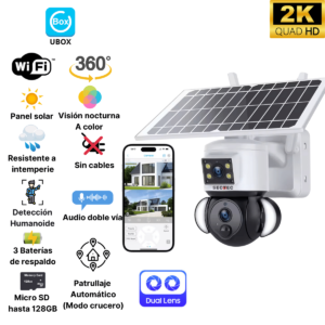 Cámara de Seguridad con Panel Solar doble lente Para Exterior, WiFi, Tipo PTZ, 6MP, App Ubox