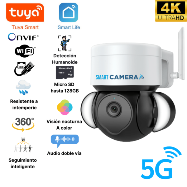 Cámara de seguridad 5G Wifi Para Exteriores PTZ 4MP 360°, Full color, App Tuya Smart / Smart Life. Doble banda trabaja en redes wifi tanto 5G como 2.4G por los que se adapta a cualquier router.