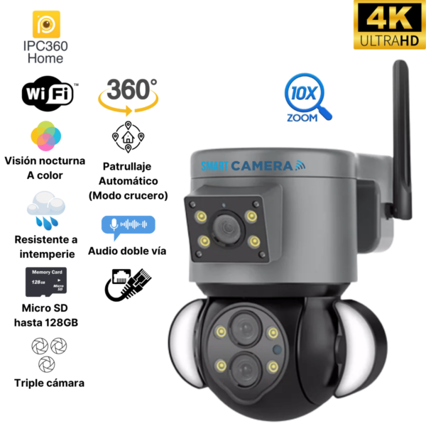Cámara de vigilancia ptz para exteriores triple lente zoom 10X óptico Progresivo App IPC360 Home
