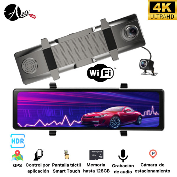 Cámara retrovisor 4k para carro wifi en full pantalla doble cámara 2 en 1 - 4K UHD