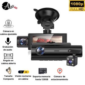 Cámara para carro triple cámara 3 en 1 Tipo tubo ultra compacta ángulo abierto en cabina Ideal para uber, taxi, didi, o quien quiera tener un respaldo de grabación en cabina..