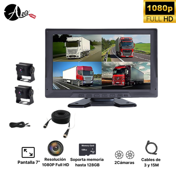 Cámaras para Camiones o vehículo grande 2 en 1 con cable de 15 metros. Pantalla de 7"