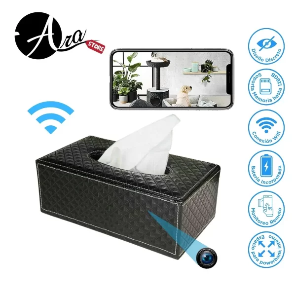 Caja de pañuelos funcional con cámara espía oculta integrada, conexión WiFi y grabación HD para vigilancia discreta