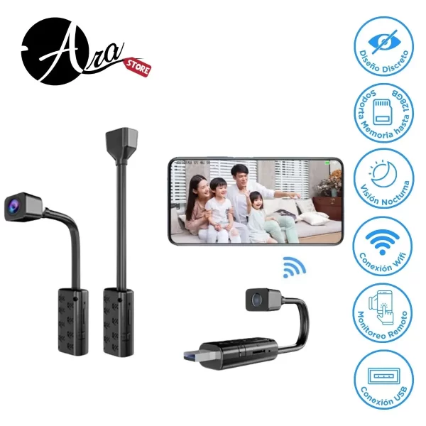 Mini cámara espía USB flexible con doble conexión (WiFi/USB), visión nocturna y diseño adaptable para vigilancia discreta en cualquier espacio