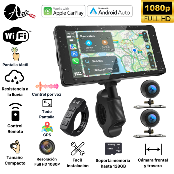 Cámara para moto con carplay y android auto inalámbrico grabación frontal y trasera.