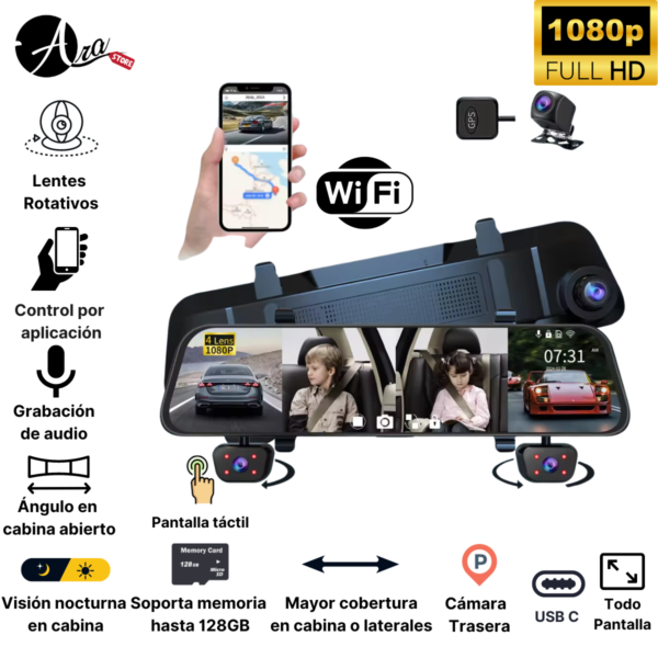 Dash Cam retrovisor Cámara cuádruple Full Pantalla Wifi 4 ángulos de grabación