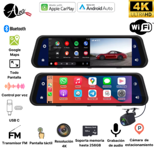 Cámara para carro en retrovisor full pantalla con Android auto o Apple Carplay 2.5k