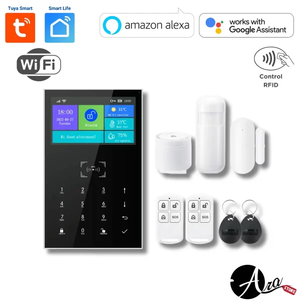 Alarma para casa inteligente Wifi / GSM Tuya Smart / Smart Life con panel táctil y tags RFID.