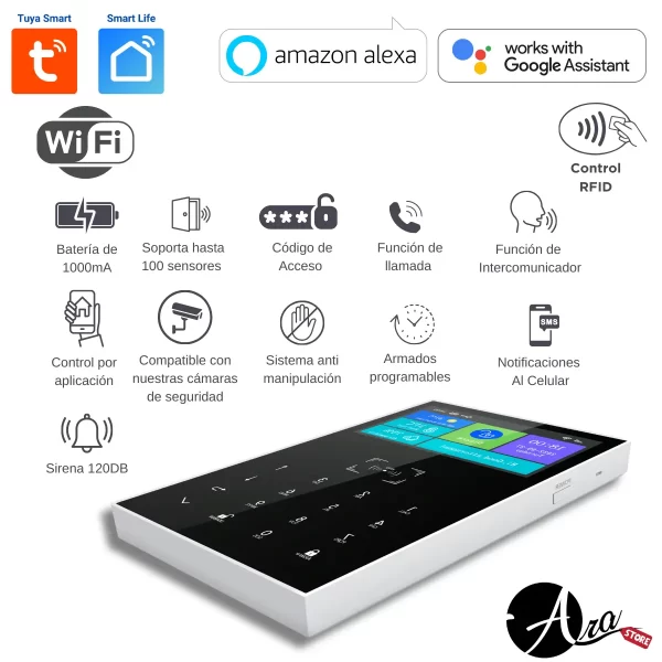 Alarma para casa inteligente Wifi / GSM Tuya Smart / Smart Life con panel táctil y tags RFID.