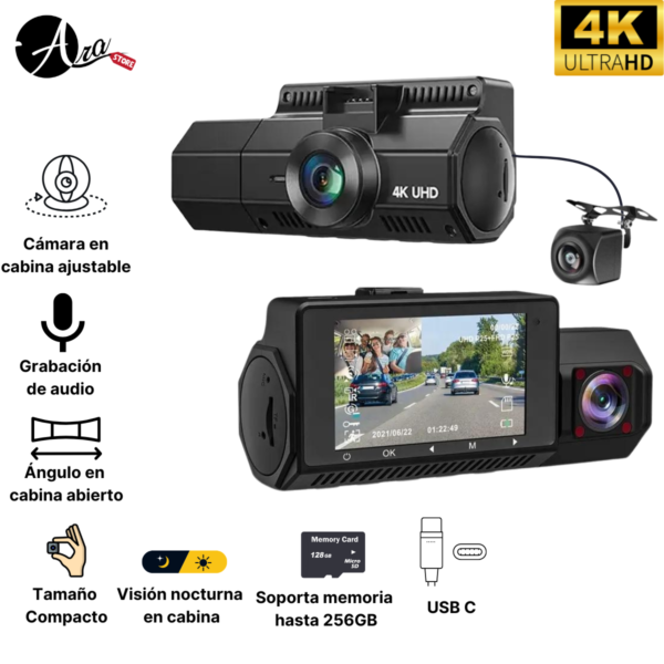 Cámara para carro 4K wifi Triple 3 en 1 - 4k HDR