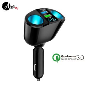 Adaptador Duplicador de cigarrera con cargador para carro Carga rápida 3.0 compatible con cualquier vehículo 2 puertos USB (QC3.0 + 2.4A), 1 puerto PD y 2 tomas de cigarrera.