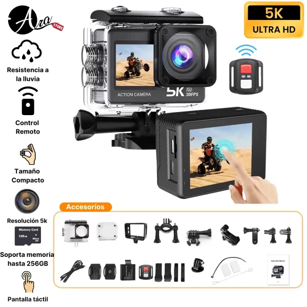 Cámara para Casco de moto / Cámara de Acción Deportiva 5K UHD+ con Doble Pantalla