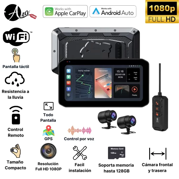 Cámara para Moto con Android Auto y CarPlay Inalámbrico + Grabación Frontal y Trasera