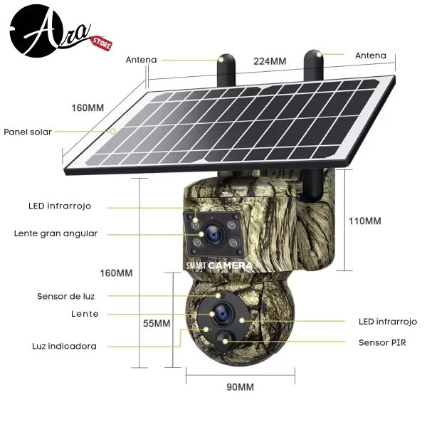 Cámara Solar WiFi o 4G Doble Lente - Gran Angular y PTZ Camuflajeada 6MP