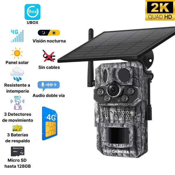 Cámara Trampa 4G con Panel Solar Para Exterior - 3MP, App Ubox