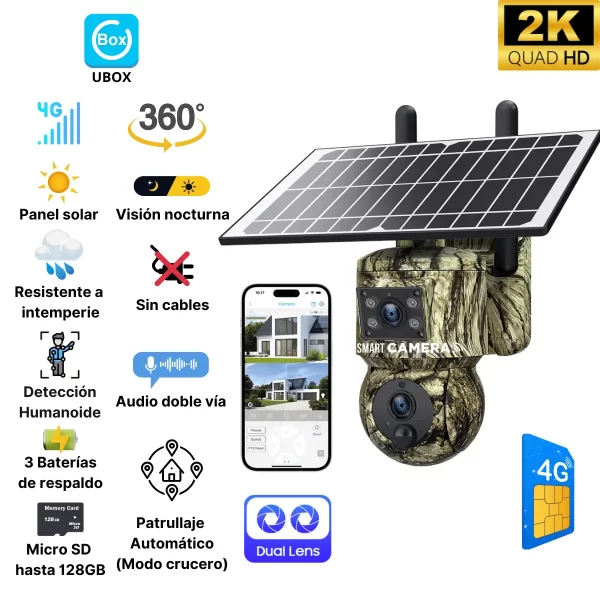 Cámara Solar WiFi o 4G Doble Lente - Gran Angular y PTZ Camuflajeada 6MP