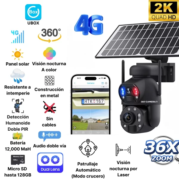 Cámara Solar con Zoom 36X Progresivo - Doble Lente y Visión Nocturna Láser