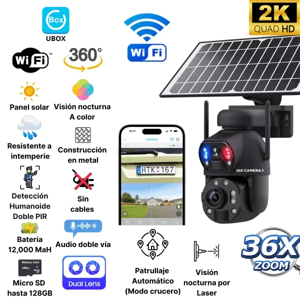 Cámara Solar con Zoom 36X Progresivo doble lente Visión nocturna Láser, Wifi o 4G - Imagen 2