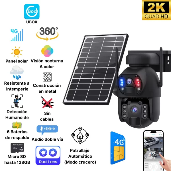 Cámara de vigilancia metálica doble lente con panel solar Wifi o 4G