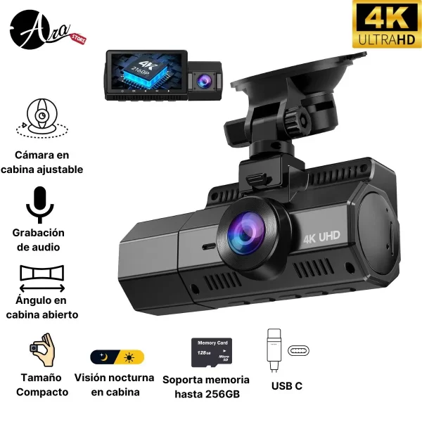 Dash Cam Doble Lente 4K WiFi - Grabación Frontal y Cabina en 4K HDR