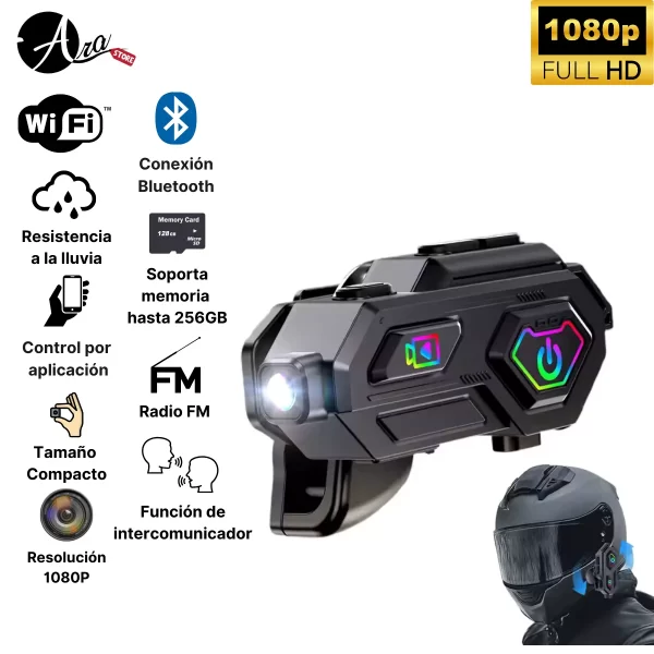 auricular bluetooth para moto con cámara 1080p