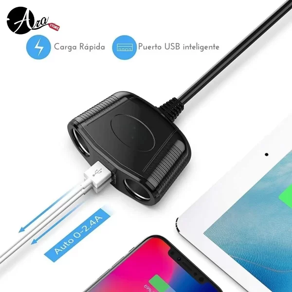 Adaptador Duplicador de Encendedor para Carro – 2 Tomas y 2 Puertos USB - Imagen 2