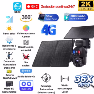 Cámara solar 4G con grabación 24/7 panel de 30W y zoom 36X