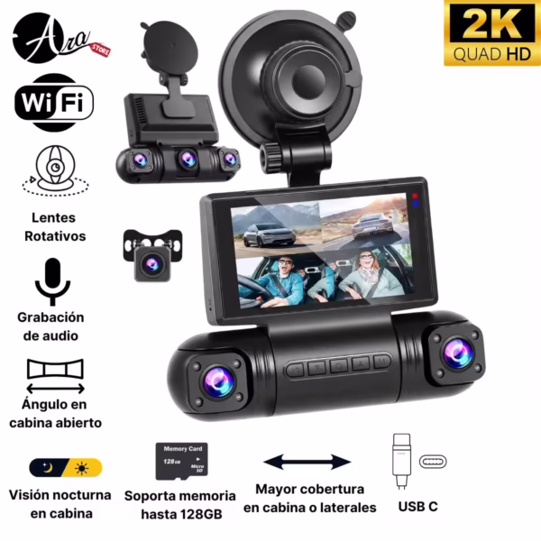 Dash cam de 4 canales con resolución 2K y conexión WiFi para celular