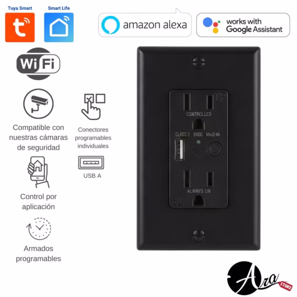 Tomacorriente inteligente wifi empotrable de color negro con puerto USB para pared.