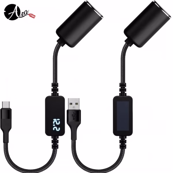 Cables adaptadores convertidores de puerto USB a toma de cigarrera de 12V en versiones Tipo A y Tipo C.