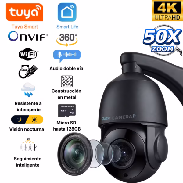Cámara de seguridad con zoom óptico 50X metálica para vigilancia WiFi