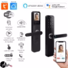 Cerradura inteligente con pantalla LCD interna y cámara exterior.