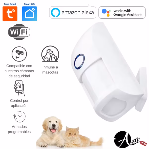 Sensor de movimiento PIR WiFi con inmunidad para mascotas montado en pared.